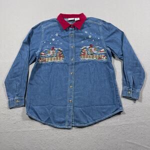 Bobbie Brooks Shirt Women L Denim Button Front Holiday Embroidered‎ Snowman Xmas